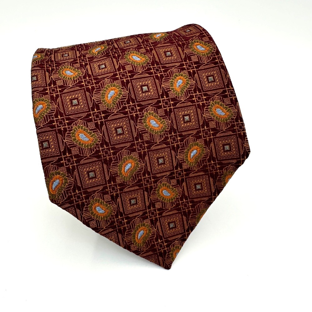 Robert Talbott Best Of Class Tie Silk Wool Burgundy Paisley Geometric USA 57"
